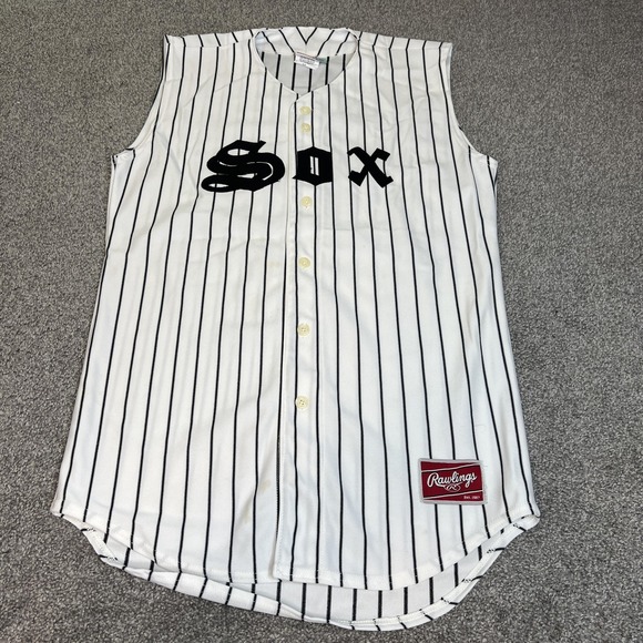 Rawlings Other - Sox Jersey Mens Medium White Black Baseball Pinstripe Button Front 18 Sleeveless